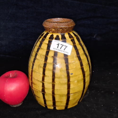 177 - A fabulous vintage heavy quality stoneware vase with striped glaze. Possibly West German. In good co... 