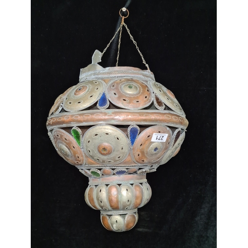 271 - A rather eye catching large vintage Persian style ceiling shade in copper and brass with colour glas... 