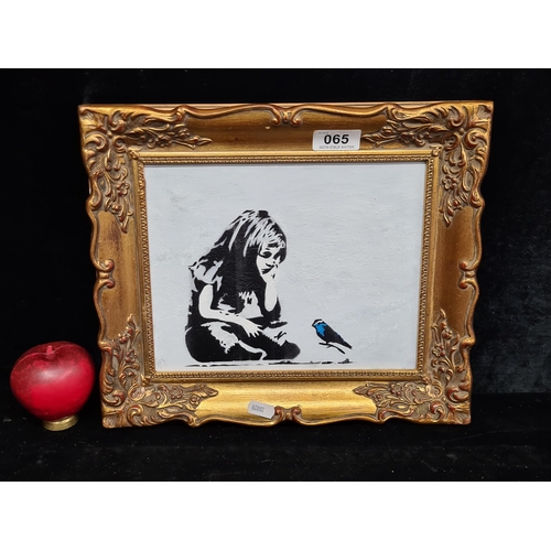 65 - An original oil on board painting after 'Banksy' titled 'Girl with Blue bird'. Housed in a luxury  g... 