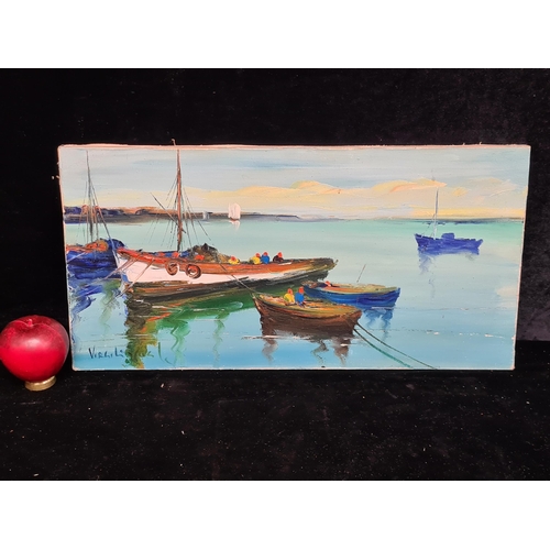 77 - An original oil on canvas painting. Features a nautical / coastal scene with boats and figures. Rend... 