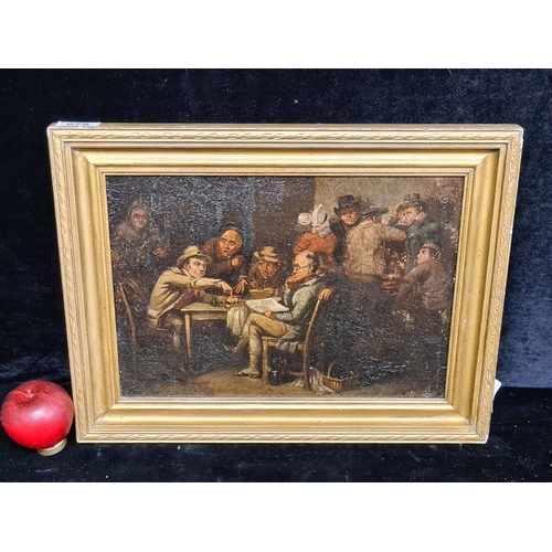 79 - An original oil on board painting after 'Sir David Wilkie' titled 'The Village Politicians'. Feature... 