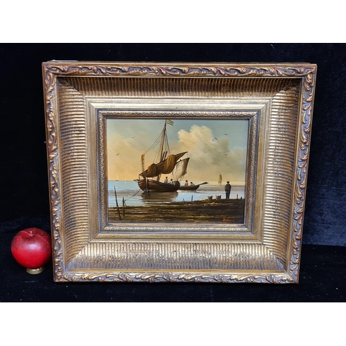 80 - Star Lot : A calm original oil on board painting. Features a nautical / coastal landscape with saili... 