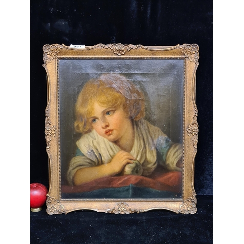 81 - Star Lot: A charming original antique  oil on canvas painting after 'Jean Baptiste Greuze' titled 'A... 