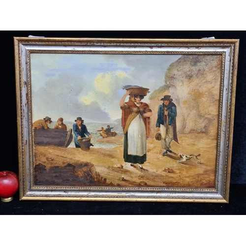 84 - Star Lot: An original antique oil on canvas painting. Features a coastal scene with fishermen return... 