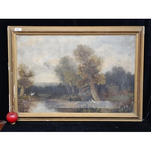 85 - Star Lot : A large late 19th century oil on canvas painting. Features a serene countryside landscape... 