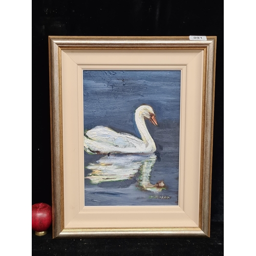 91 - An original oil on board painting featuring a swan with reflection on water. Rendered in impressioni... 