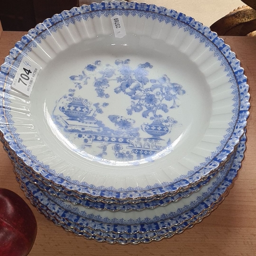 704 - Set of six Echt Tuppack China Blau plates, Tiefenfurt 36, with intricate blue floral patterns and go... 