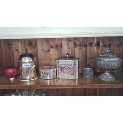 709 - Collection of vintage metalware containers, including a dome-topped jar, engraved octagonal box, cyl... 