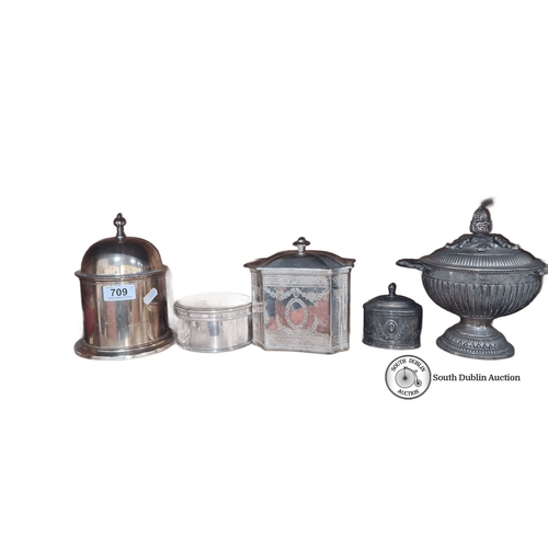 709 - Collection of vintage metalware containers, including a dome-topped jar, engraved octagonal box, cyl... 