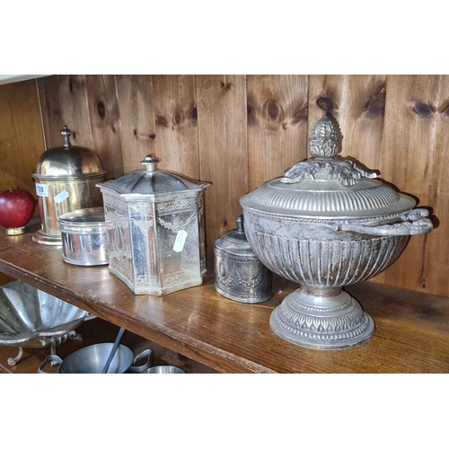 709 - Collection of vintage metalware containers, including a dome-topped jar, engraved octagonal box, cyl... 