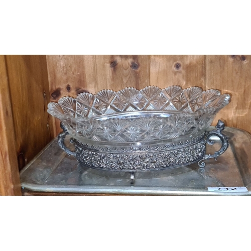 712 - Ornate cut glass bowl with intricate floral Epns base, 5 trays inc Epns and a handsome Milk and suga... 