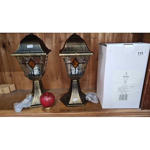 713 - Set of two outdoor lanterns, black gold finish, stained glass panels, boxed. Model: CX5203-39 M, by ... 