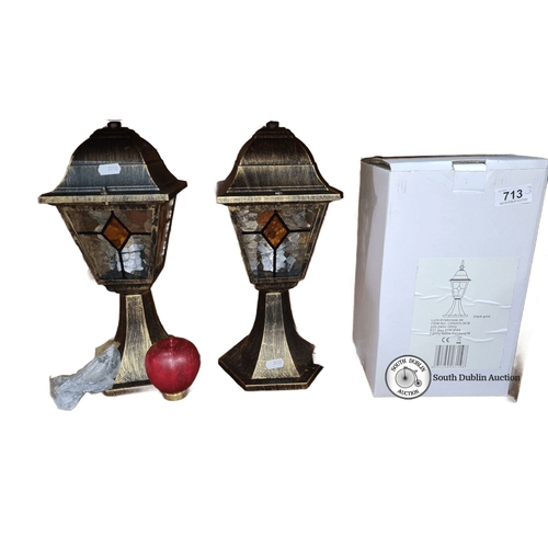 713 - Set of two outdoor lanterns, black gold finish, stained glass panels, boxed. Model: CX5203-39 M, by ... 