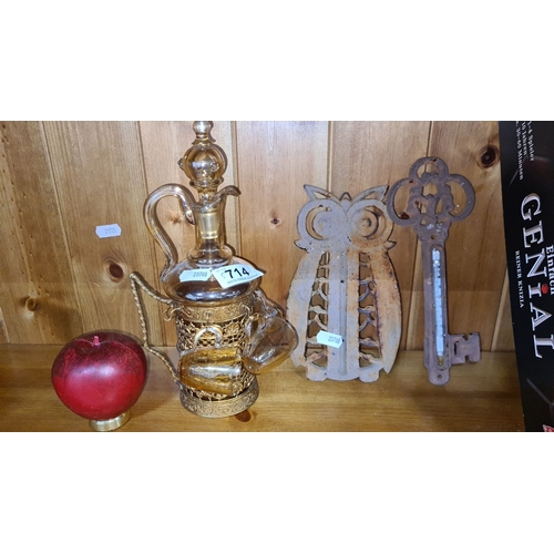 714 - Mixed lot includes decorative glass and gold  pitcher with cups, wooden momentos box with phot Frame... 