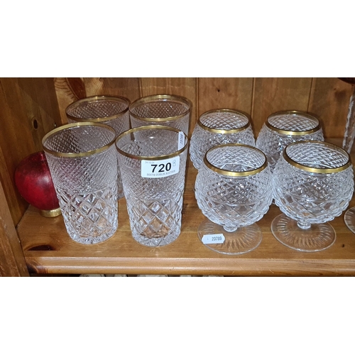 720 - Set of four and four  cut crystal glasses with a gold rim consists of four tumblers and four brand b... 