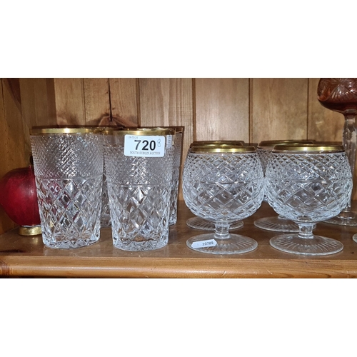 720 - Set of four and four  cut crystal glasses with a gold rim consists of four tumblers and four brand b... 