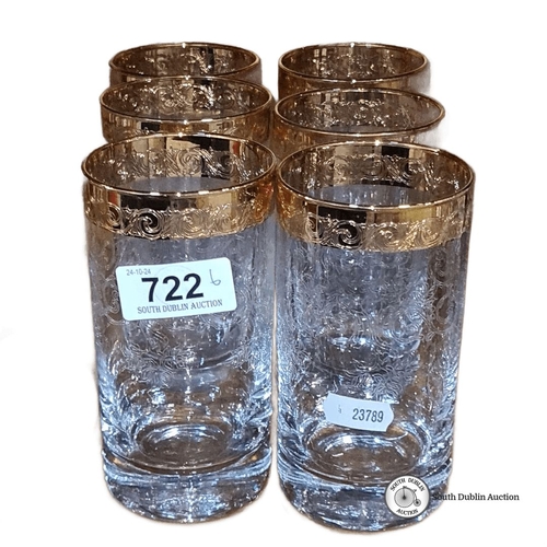 722 - Set of six heavy etched glass tumblers with ornate gold rims, featuring intricate scrolling patterns... 