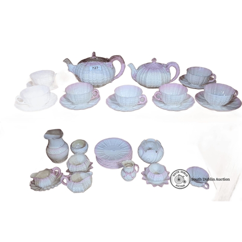 727 - Super Star Lot :A fabulous early Belleek shell-pattern porcelain tea set, featuring two teapot, six ... 