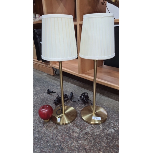 732 - Pair of modern brass table lamps with pleated fabric shades and electric fittings.