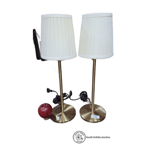 732 - Pair of modern brass table lamps with pleated fabric shades and electric fittings.