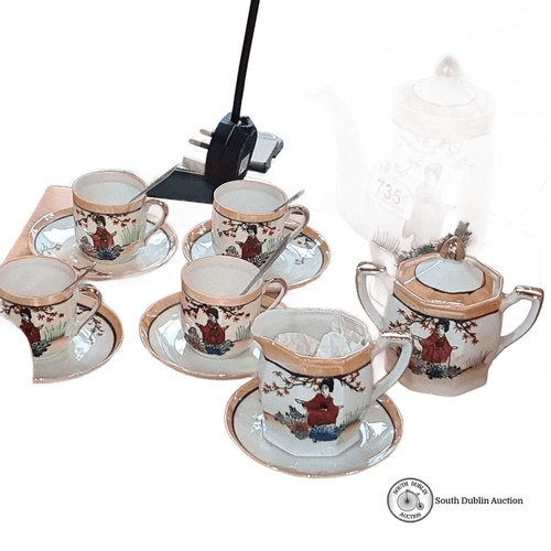 735 - Hand-painted Klimax tea set from Japan, featuring six cups and saucers, a teapot, sugar bowl, and cr... 