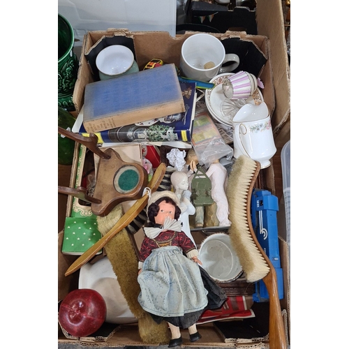 739 - An interesting Mixed box including porcelain pitcher, vintage doll, wooden brush, assorted ceramics,... 