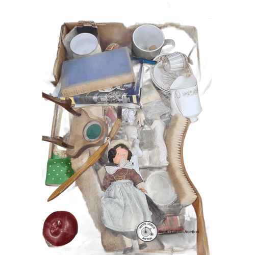 739 - An interesting Mixed box including porcelain pitcher, vintage doll, wooden brush, assorted ceramics,... 