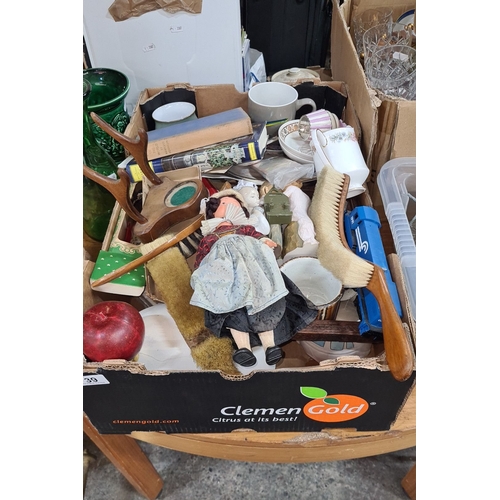 739 - An interesting Mixed box including porcelain pitcher, vintage doll, wooden brush, assorted ceramics,... 