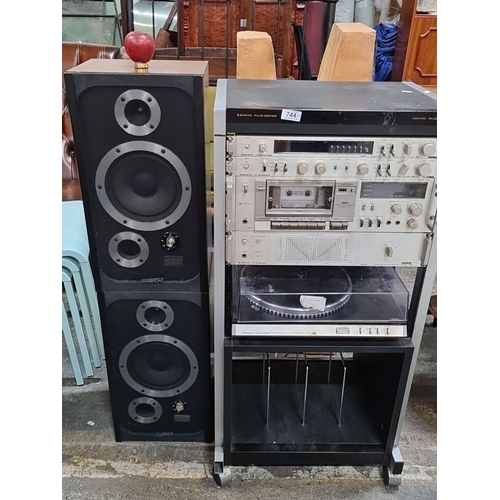 744 - Vintage Sanyo Plus Series stereo system with Audio Rack, turntable, and speakers. Includes Wharfdale... 