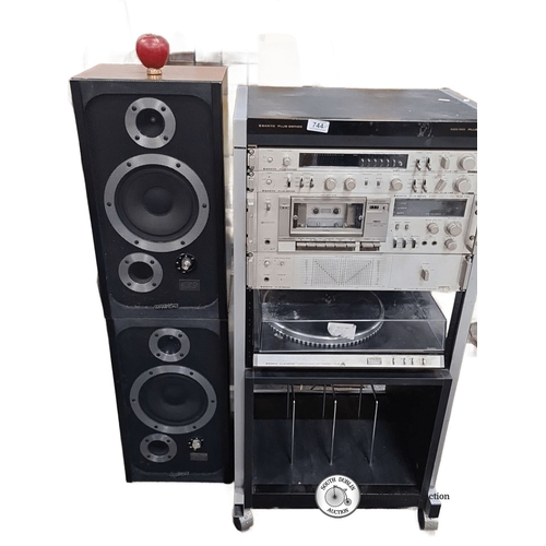 744 - Vintage Sanyo Plus Series stereo system with Audio Rack, turntable, and speakers. Includes Wharfdale... 