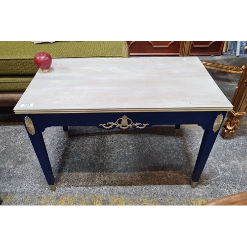 751 - Rectangular coffee table with light wooden top, blue painted legs, and decorative gold accents. Clas... 