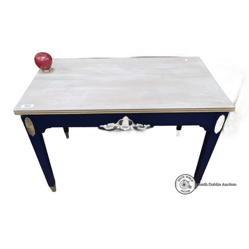 751 - Rectangular coffee table with light wooden top, blue painted legs, and decorative gold accents. Clas... 