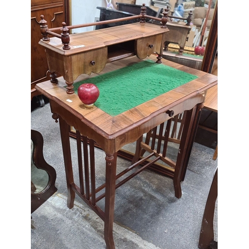 753 - Star lot : Victorian mahogany desk stand with green baize writing surface, turned supports, and uppe... 