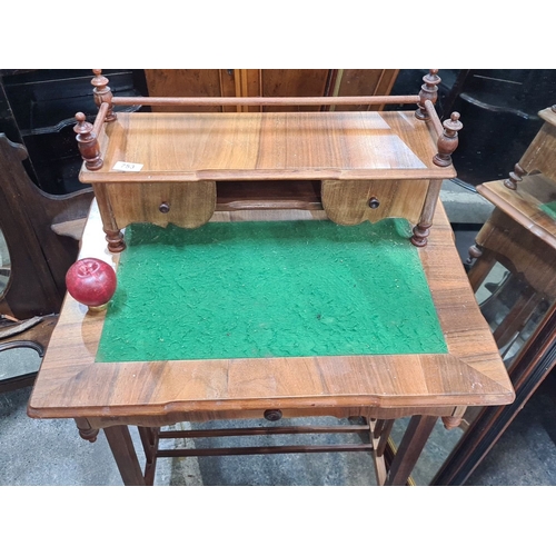 753 - Star lot : Victorian mahogany desk stand with green baize writing surface, turned supports, and uppe... 