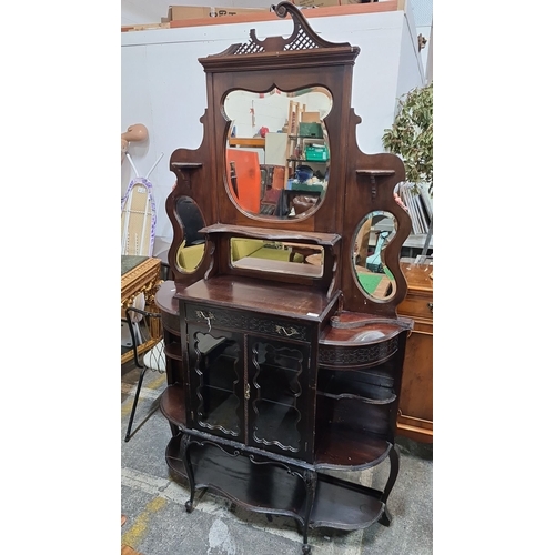 755 - Victorian mahogany sideboard with mirrored back, intricate detailing, and glass-front cabinets. Refl... 