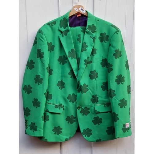 587 - Green Lucky Irish suit jacket and matching trousers.  with shamrock pattern by OppoSuits includes pu... 