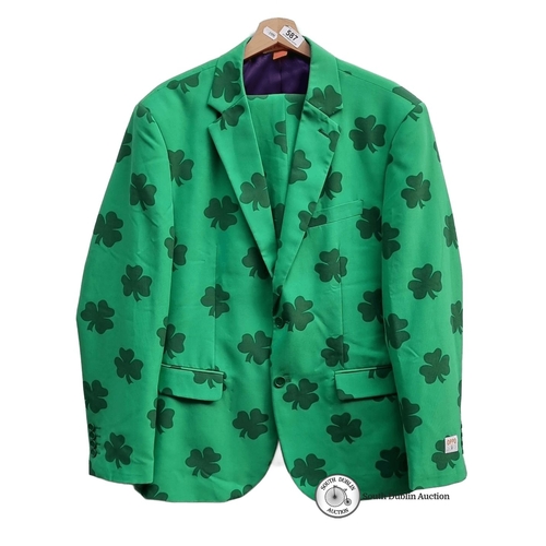 587 - Green Lucky Irish suit jacket and matching trousers.  with shamrock pattern by OppoSuits includes pu... 