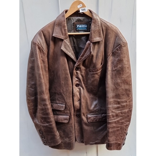 588 - Brown leather jacket by Nickelson, featuring button-down front and three pockets. 