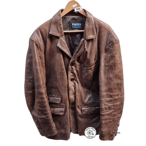 588 - Brown leather jacket by Nickelson, featuring button-down front and three pockets. 