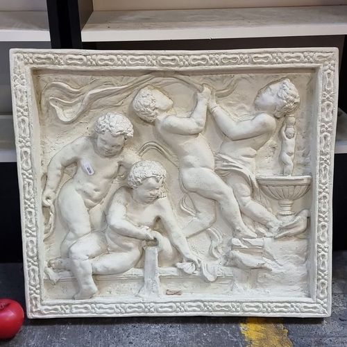 600 - Plaster relief depicts cherubs in classical style, framed with an intricate border. Dimensions and m... 