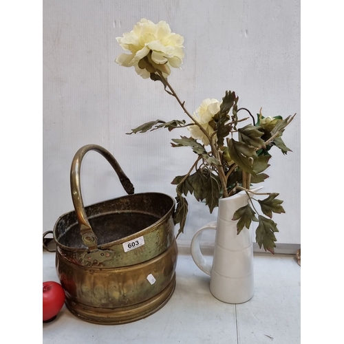 603 - Vintage metal coal scuttle with handle, paired with an N.B. ceramic pitcher, microwave and dishwashe... 