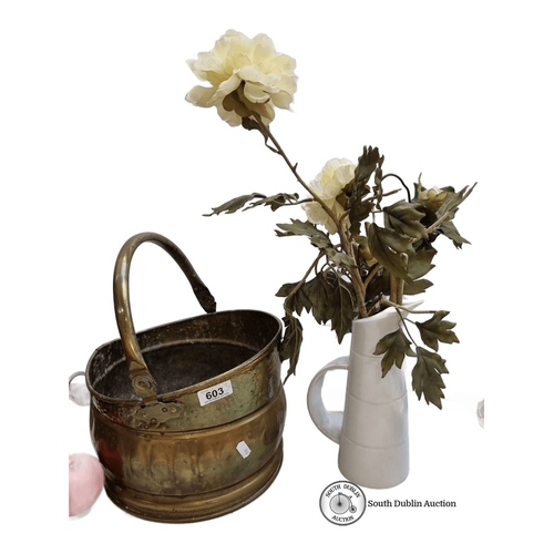 603 - Vintage metal coal scuttle with handle, paired with an N.B. ceramic pitcher, microwave and dishwashe... 