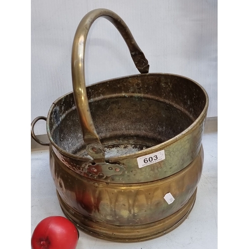 603 - Vintage metal coal scuttle with handle, paired with an N.B. ceramic pitcher, microwave and dishwashe... 