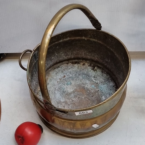 603 - Vintage metal coal scuttle with handle, paired with an N.B. ceramic pitcher, microwave and dishwashe... 