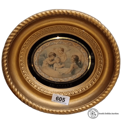 605 - Round gilded wooden frame with vintage angelic image, titled 