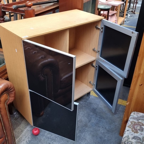 610 - Modern wooden cabinet with black glass doors 4 interior cubbies holes  from the GX Collection on ele... 