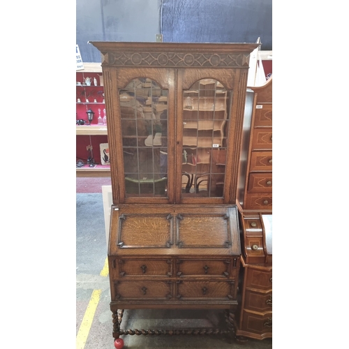 619 - Antique oak secretary bookcase with leaded glass doors, drop-front desk with tooled leather interior... 