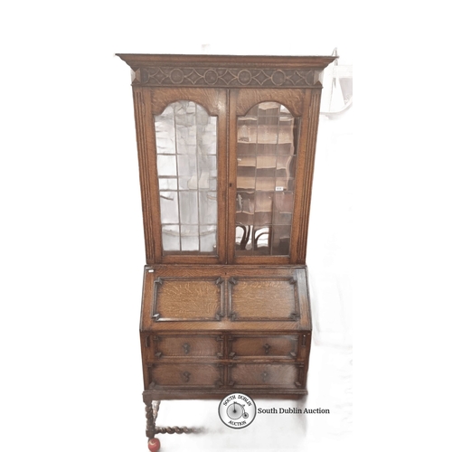 619 - Antique oak secretary bookcase with leaded glass doors, drop-front desk with tooled leather interior... 