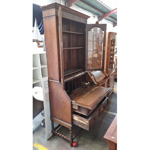 619 - Antique oak secretary bookcase with leaded glass doors, drop-front desk with tooled leather interior... 