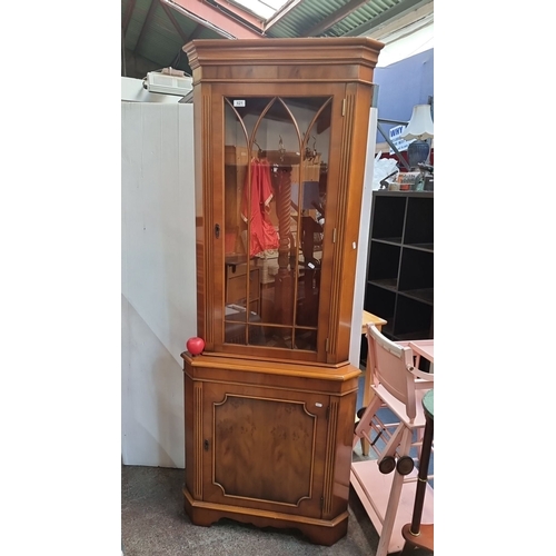 621 - Mahogany corner display cabinet with Gothic-inspired glazing bars, single glass door, and lower stor... 